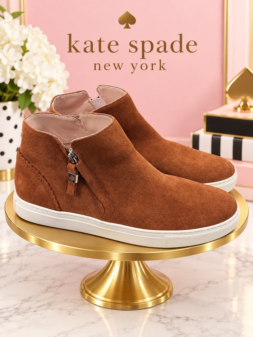 Kate Spade New York Harper Cognac Suede High Top Sneaker Booties 8.5 NWOB